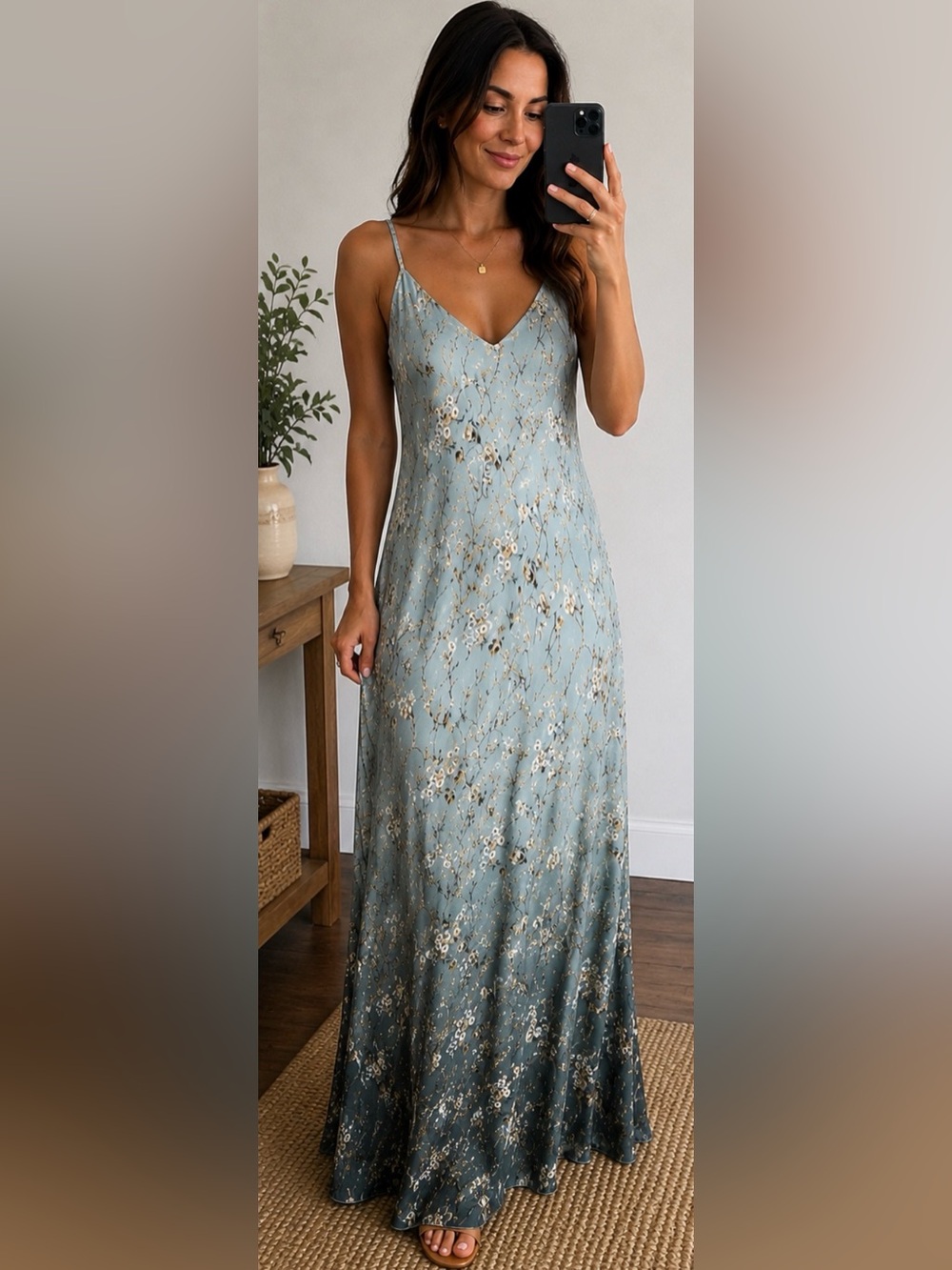 NWT Seafoam Blue Floral Ombre Maxi Dress Size Medium Sleeveless Slip Dress